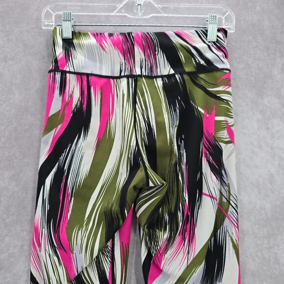 Green Pink Print Capri Cropped Stretch Active Pants Bottoms Leggings M/L - Picture 5 of 6